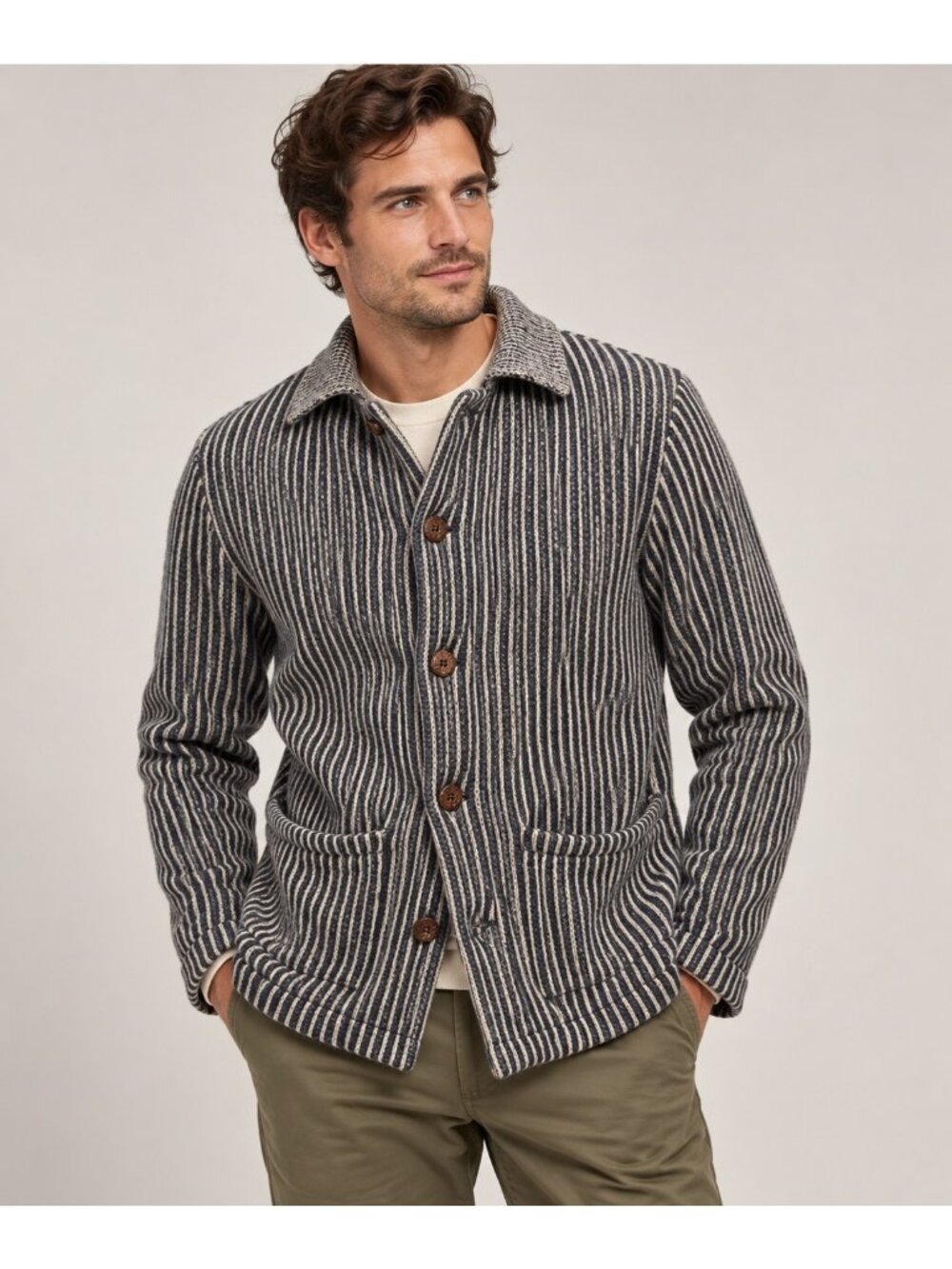 Alex Crane Men’s M Merino Wool Striped Knit Chore Jacket Cardigan Madagascar